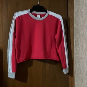 Small destined Red Orange Crop Sweatshirt with Gray and White Striped Sleeves